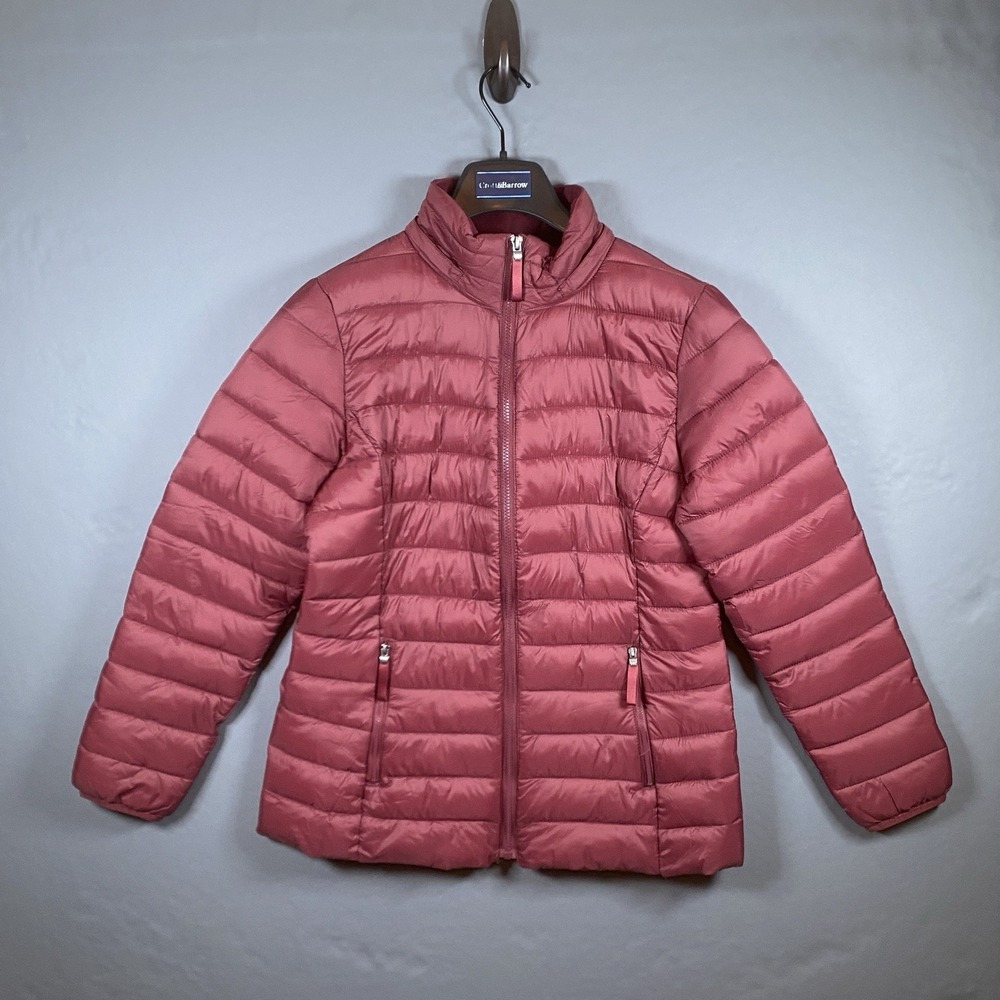 St. John's Bay Women's M Puffer Jacket Burgundy Hooded Full Zip Coat